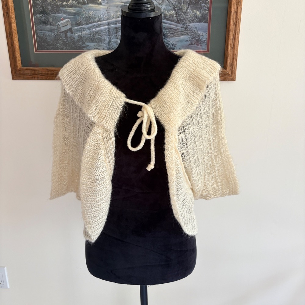 Glentex Vintage Knit Shrug Womens One Size Ivory Shawl Collar Tie‎ Front Bolero